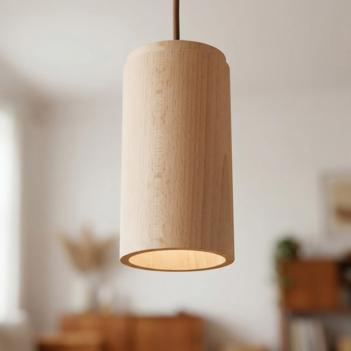 Cylindrical beech wood spotlight lampshade with E27 socket