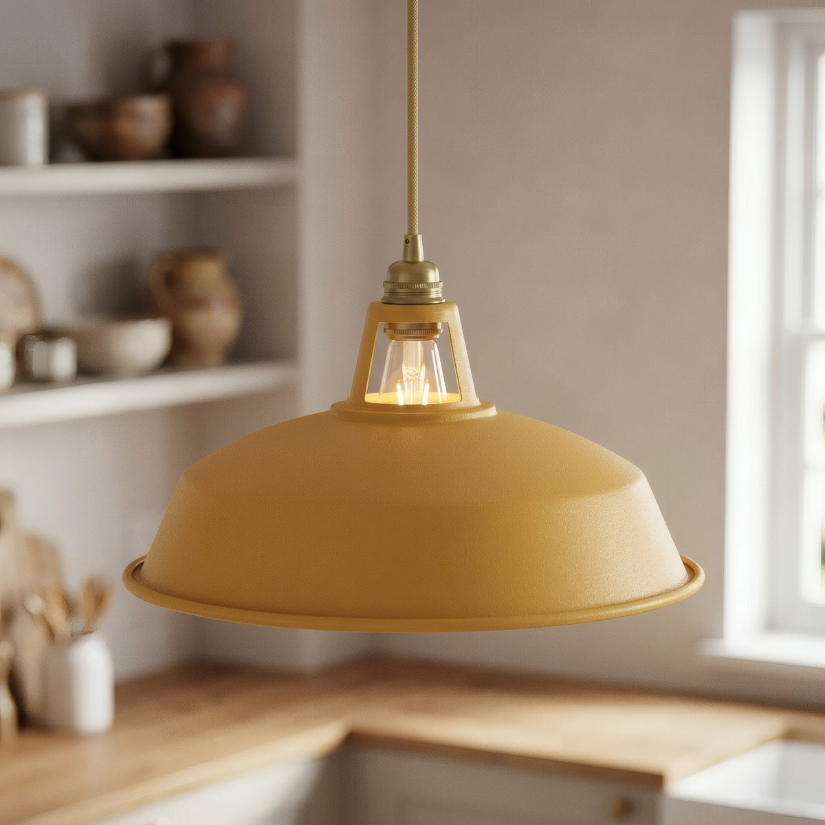 Bell-shaped enamelled metal lampshade Ø 38 cm for E27 socket — Mustard yellow