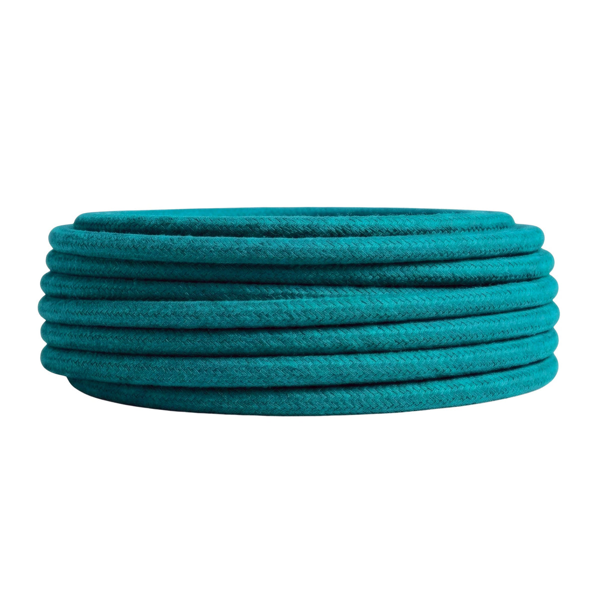 Round cotton fabric cable – Cerulean, side view of the coil