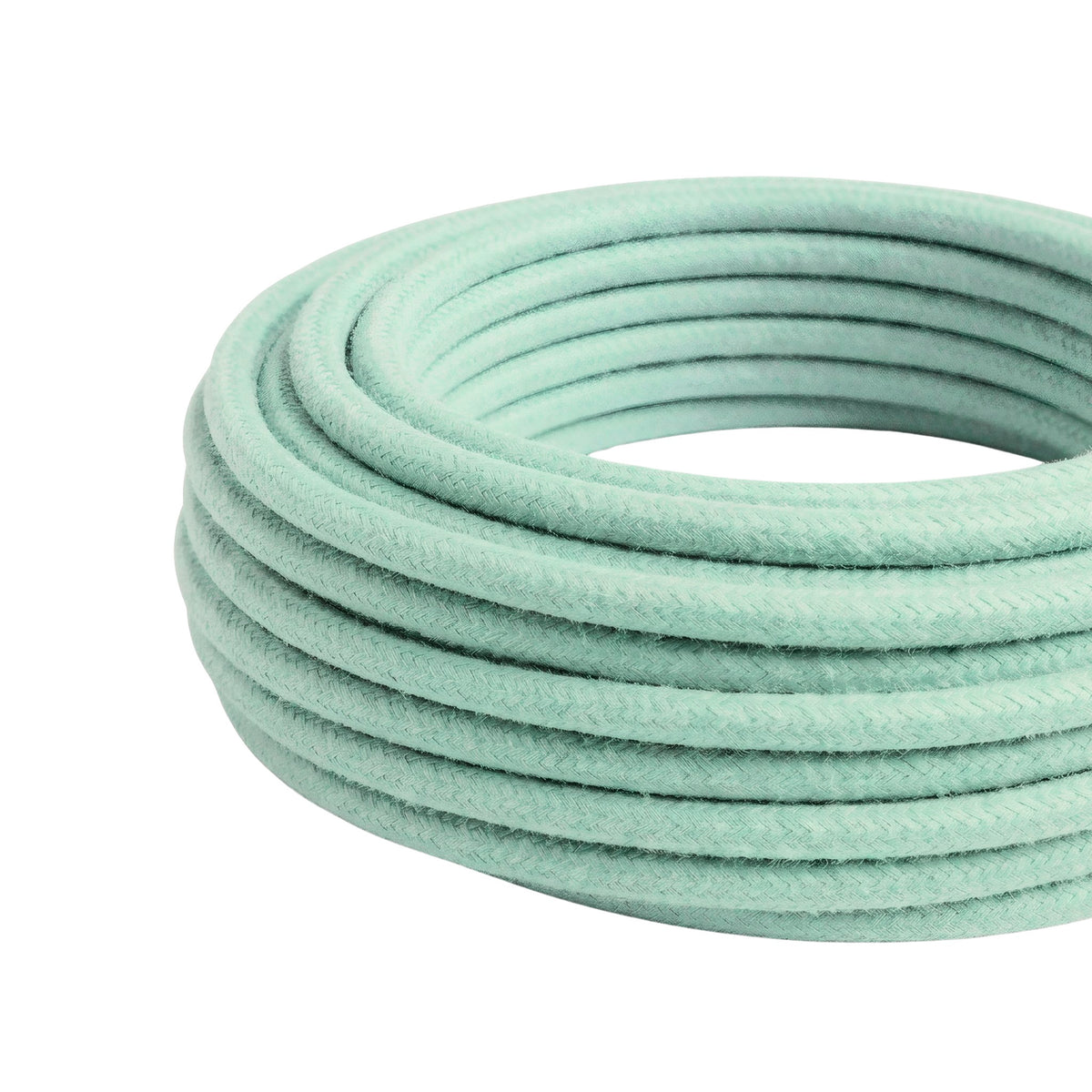 Round cotton fabric cable – Mint milk, three-quarter view of the coil