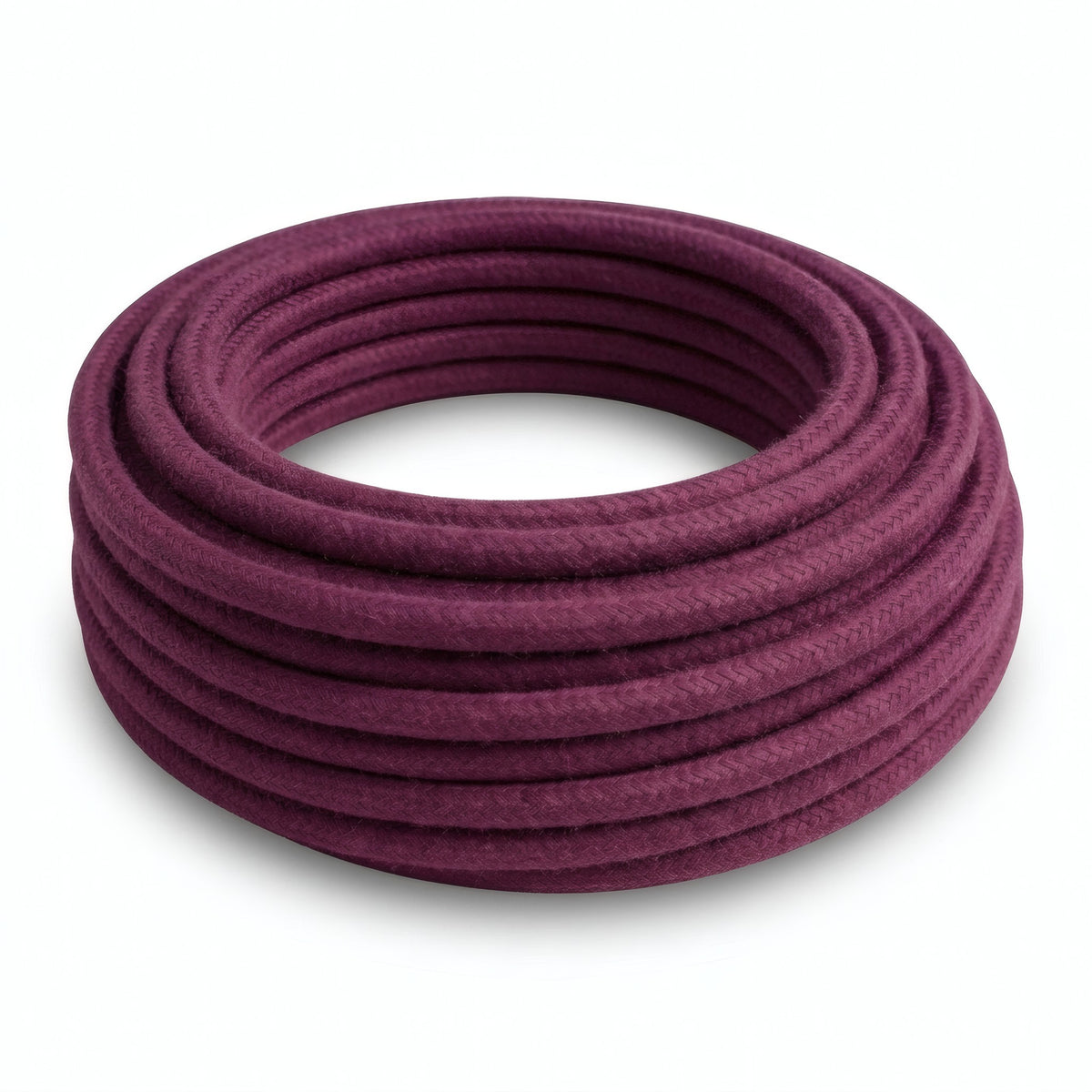 Round cotton fabric cable – Wine red, three-quarter view of the coil