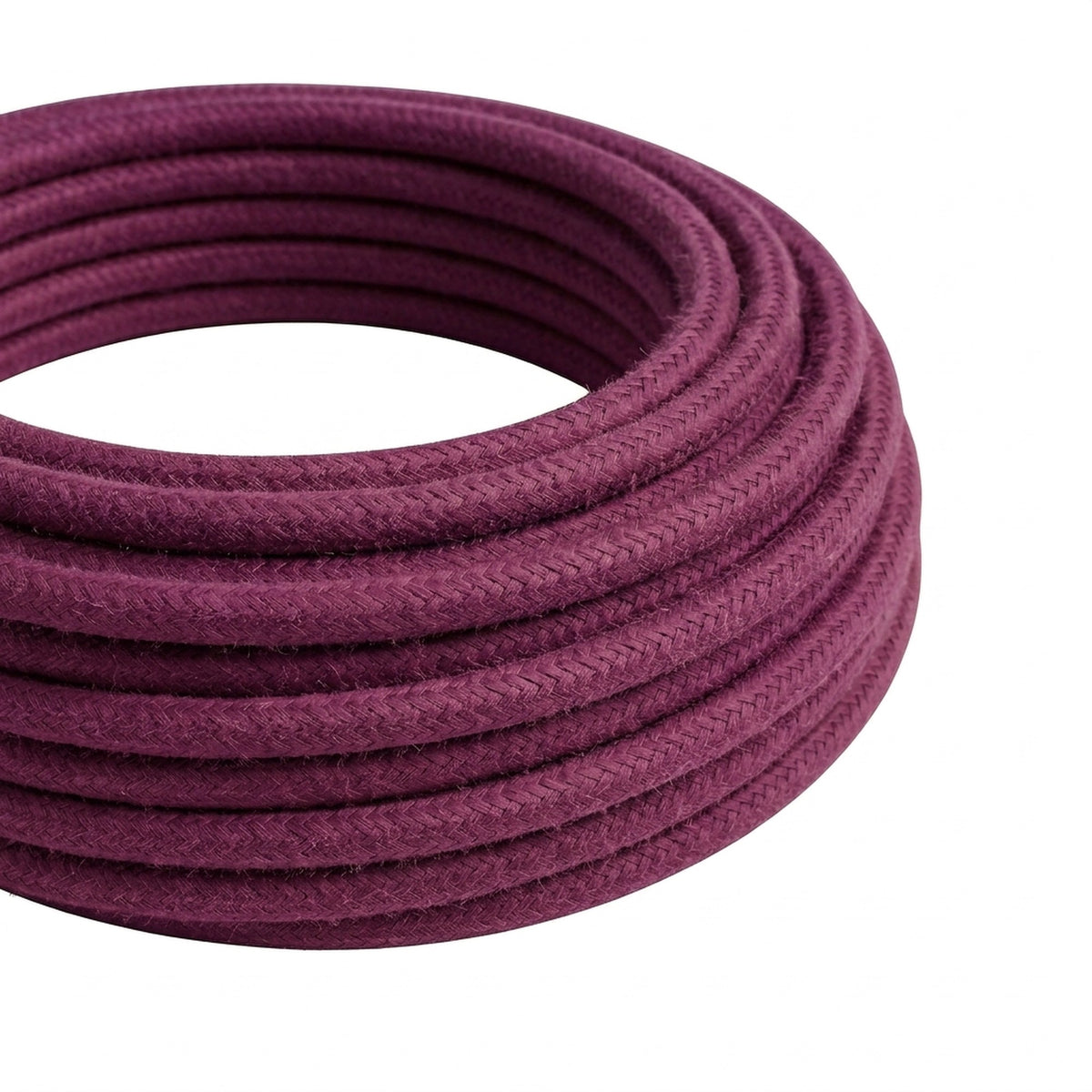 Round cotton fabric cable – Wine red, close-up of the coil