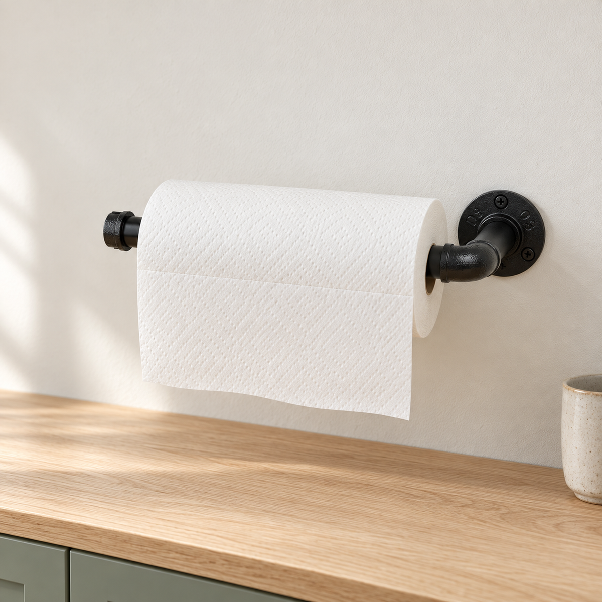 Illustration of the black wall-mounted holder with a roll in a cream and wood kitchen
