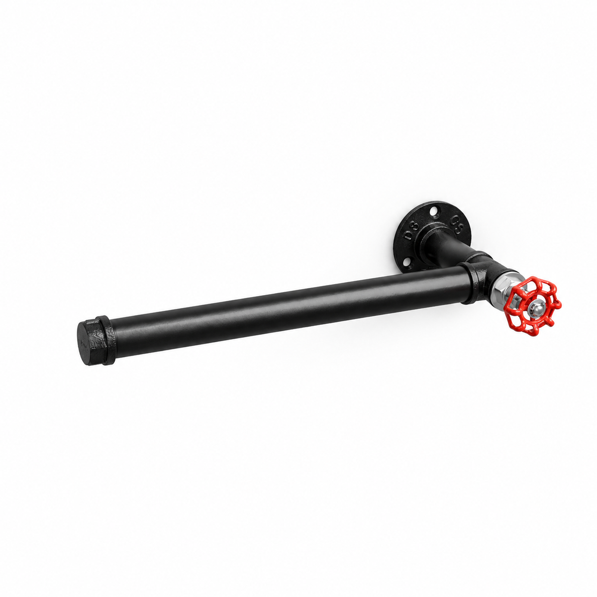 Black kitchen roll holder with red handwheel — opposite view