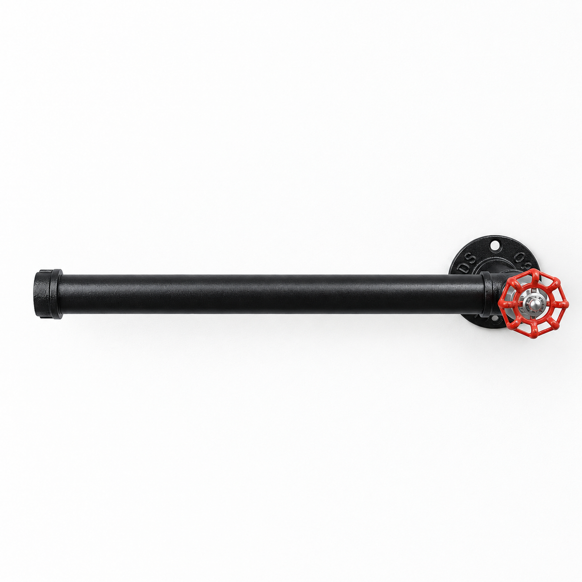 Black kitchen roll holder with red handwheel — front view