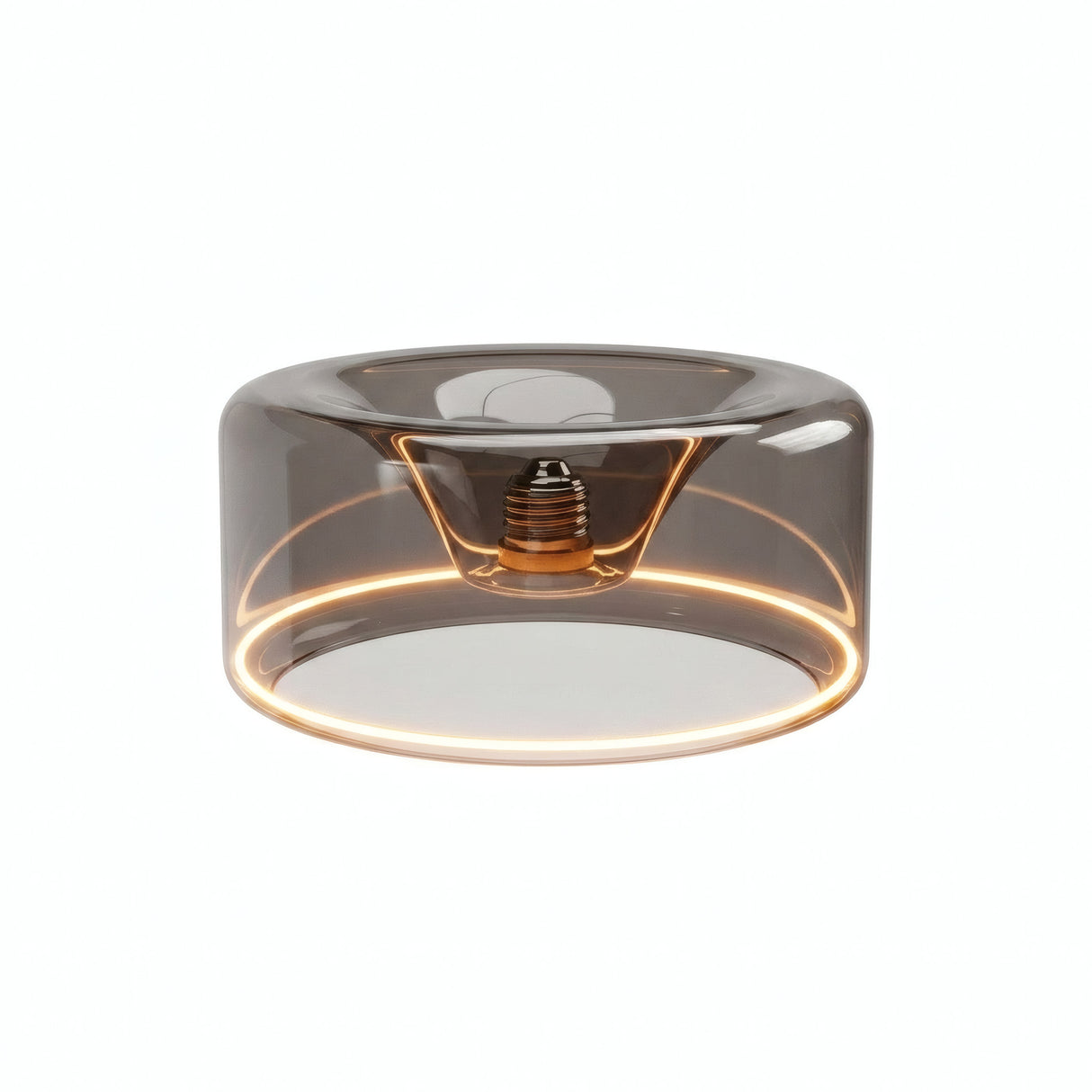 E27 LED donut bulb in smoked glass, Ø 195 mm, switched on, warm light ring, white background