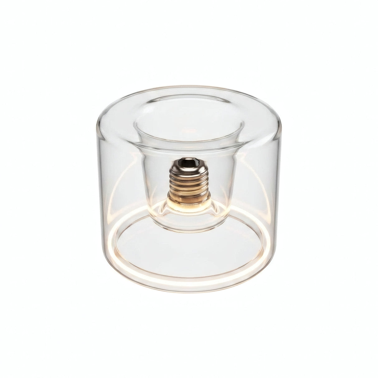 E27 LED donut bulb in clear glass, Ø 120 mm, switched on, warm light ring, white background