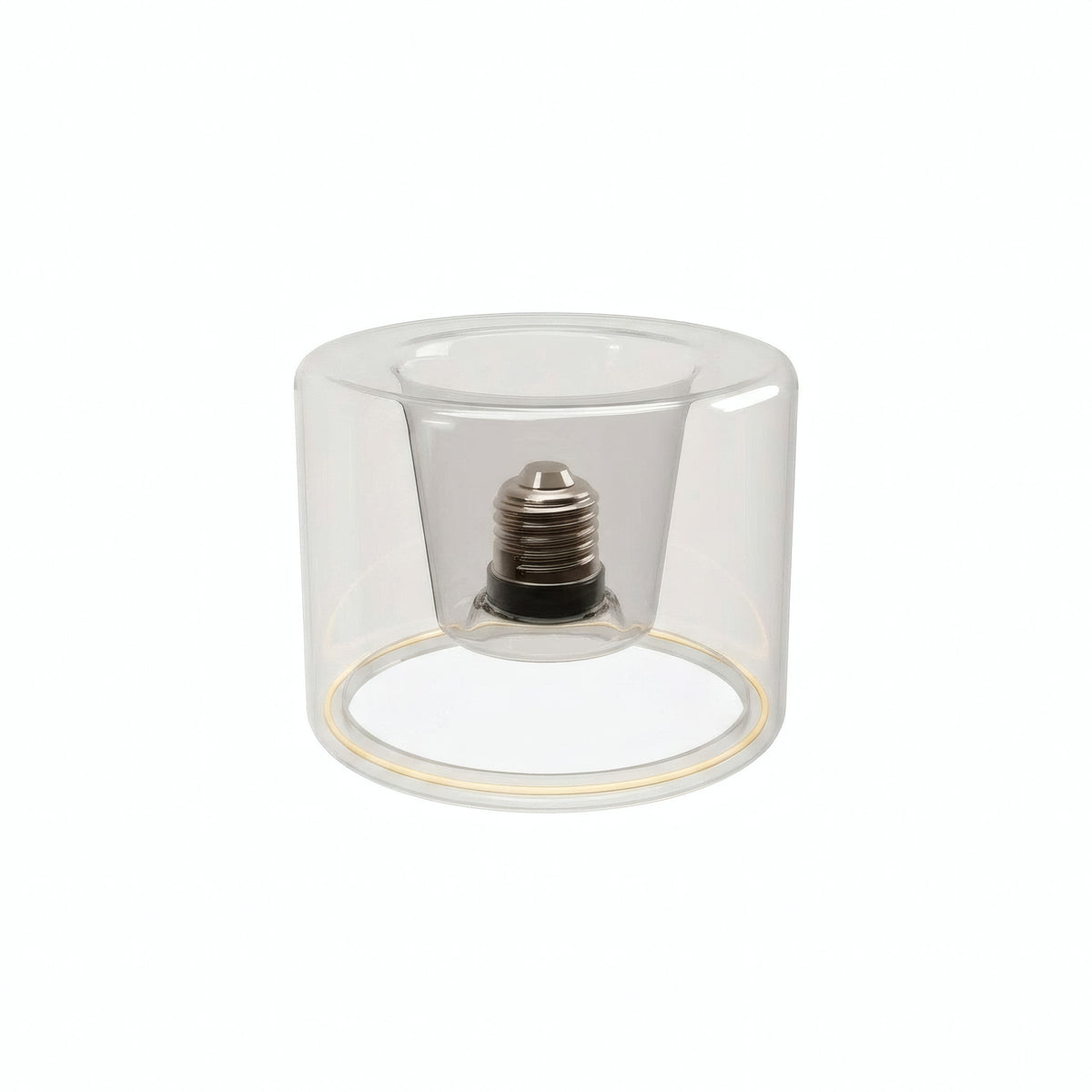 E27 LED donut bulb in clear glass, Ø 120 mm, switched off, recessed E27 base visible, white background