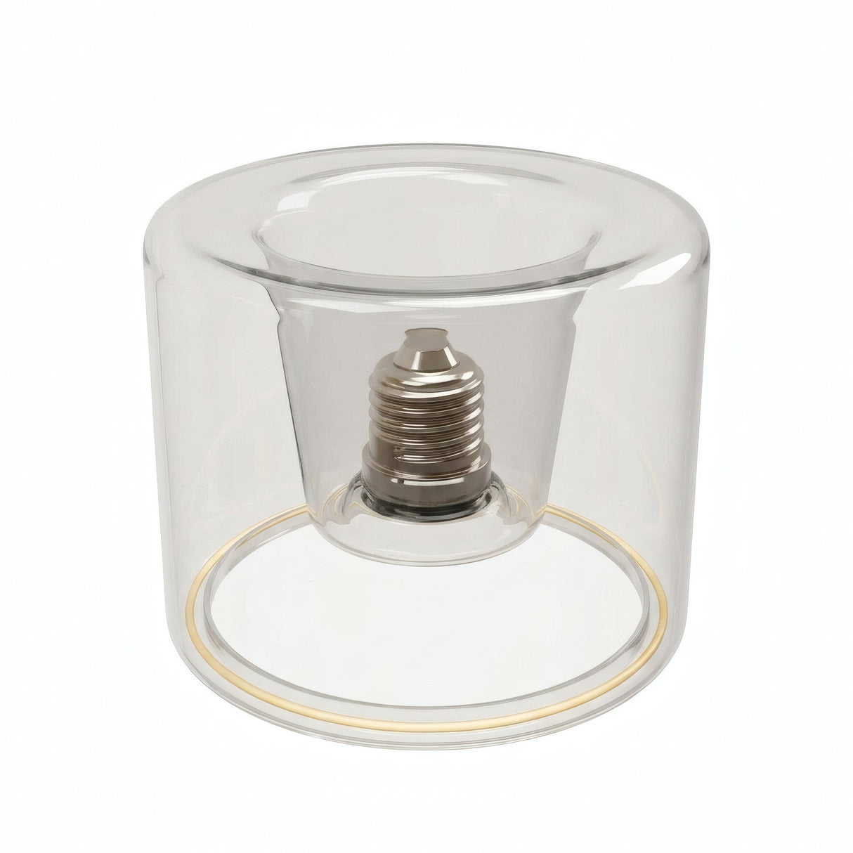 E27 LED donut bulb in clear glass, Ø 120 mm, slightly high-angle view, white background