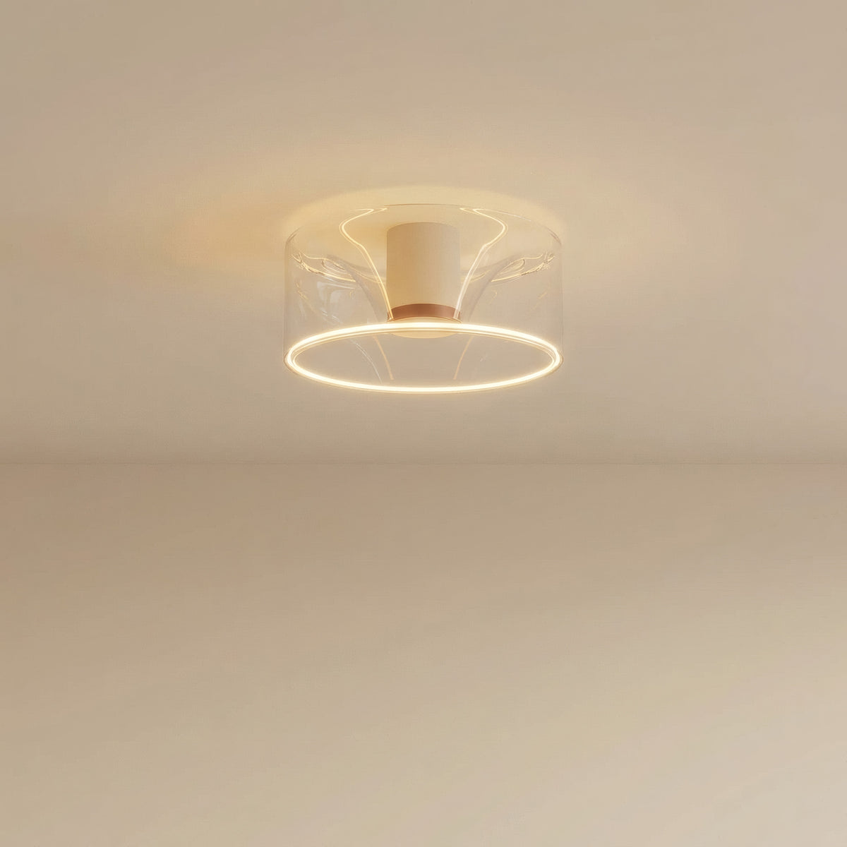 E27 LED donut bulb in clear glass, Ø 195 mm, on the ceiling, soft warm light