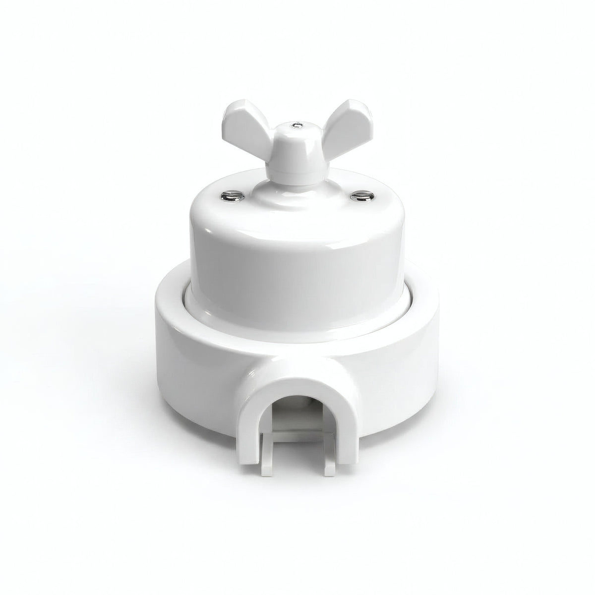 Porcelain two-way switch with a butterfly nut and base kit — White / White / 1 conduit entry