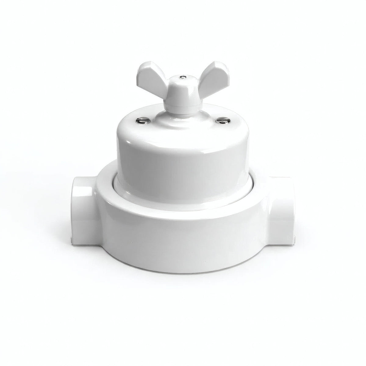 Porcelain two-way switch with a butterfly nut and base kit — White / White / 2 conduit entries in line