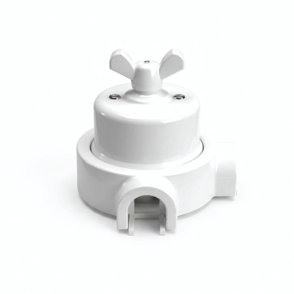 Porcelain two-way switch with a butterfly nut and base kit — White / White / 2 conduit entries