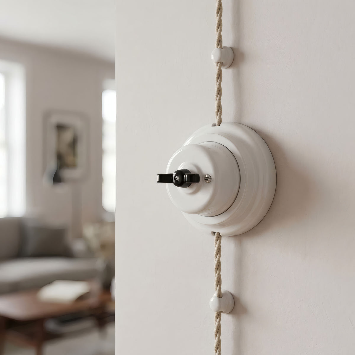 Porcelain two-way switch with a butterfly nut and base kit — White / Black / Flat Ø 100 mm
