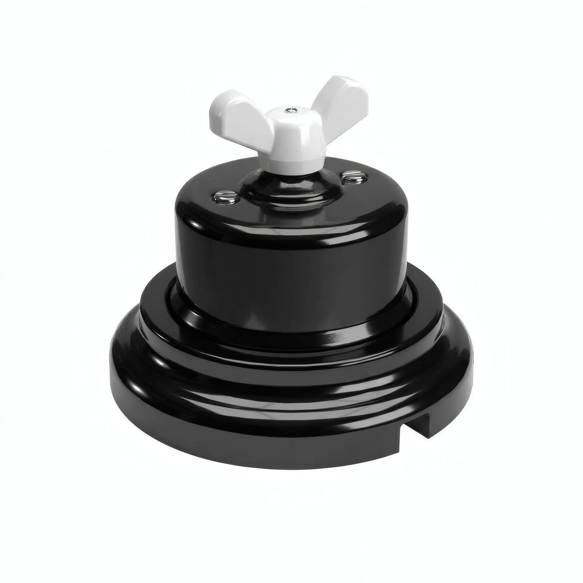 Porcelain two-way switch with a butterfly nut and base kit — Black / White / Flat Ø 100 mm