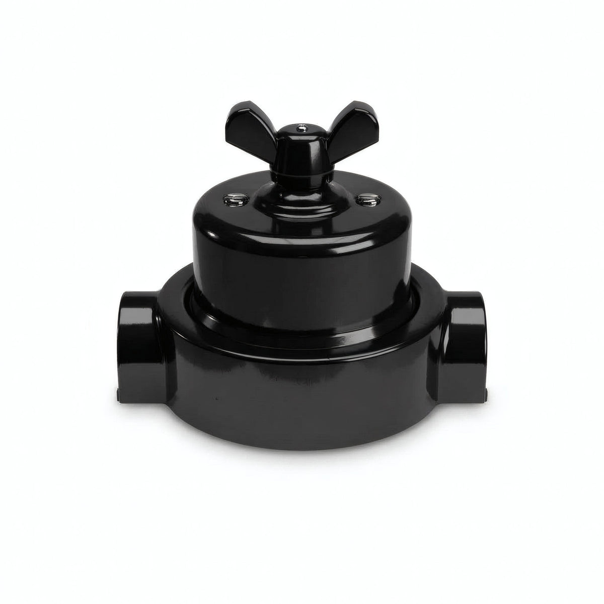 Porcelain two-way switch with a butterfly nut and base kit — Black / Black / 2 conduit entries in line