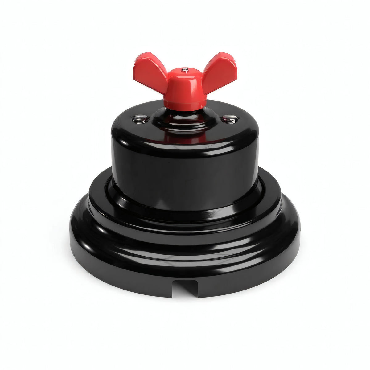Porcelain two-way switch with a butterfly nut and base kit — Black / Red / Flat Ø 100 mm
