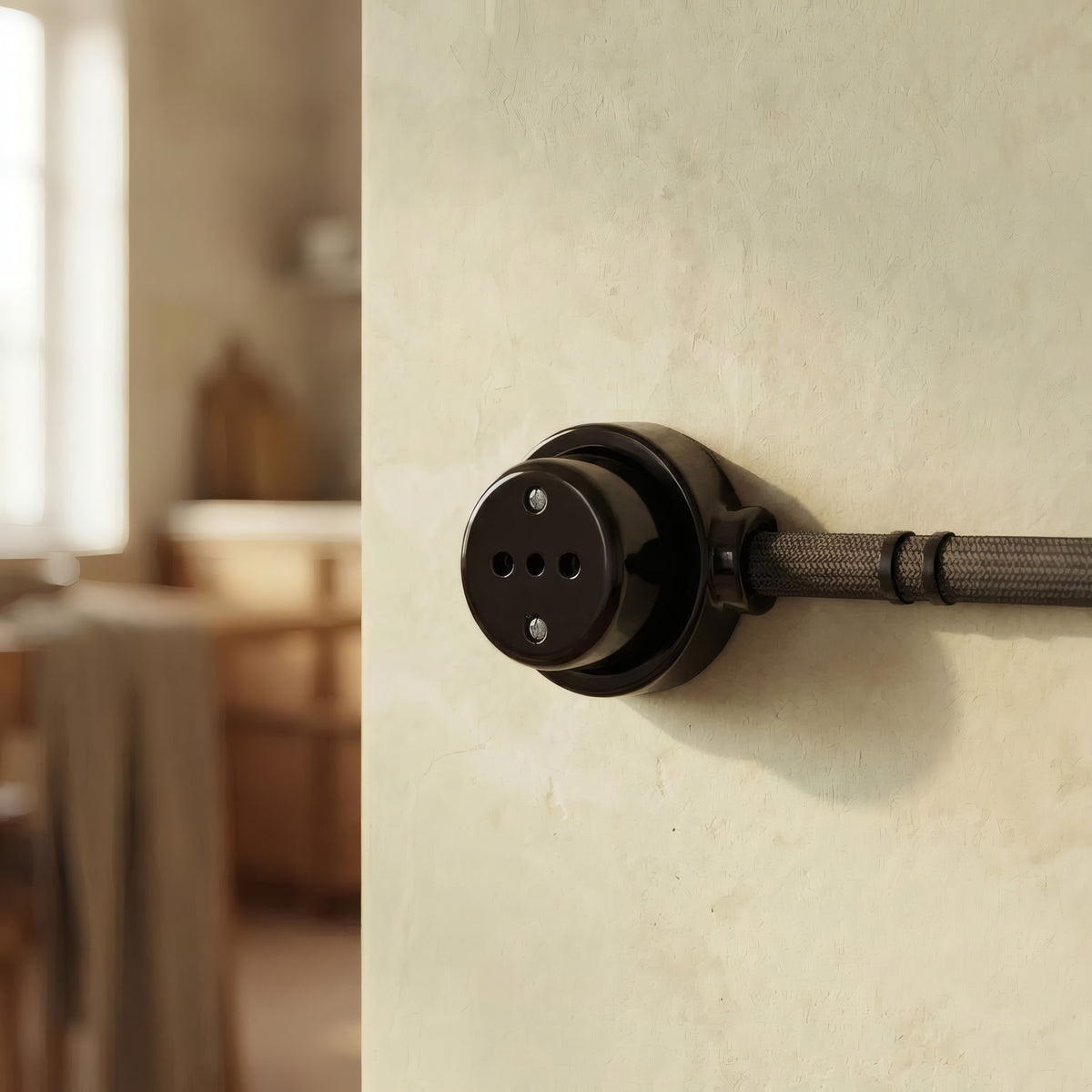 Porcelain wall socket and base kit — Italian 2P+T 10/16 A / Black / Flat Ø 100 mm