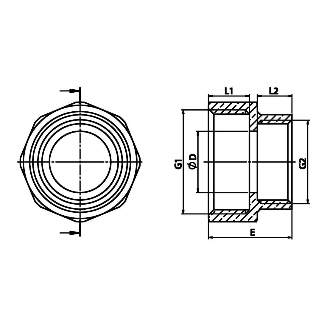Dimensioned technical drawing: brass reducing coupling F/F (ref. 1240)