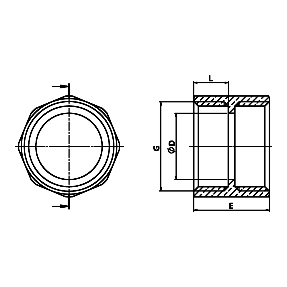 Dimensioned technical drawing: brass coupling F/F with shoulder (ref. 1270)