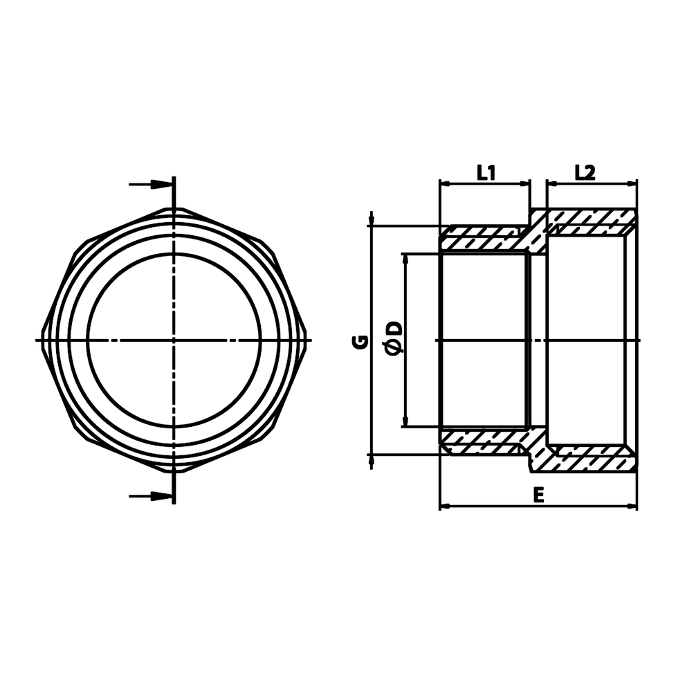 Dimensioned technical drawing: brass equal nipple M/F (ref. 1281)