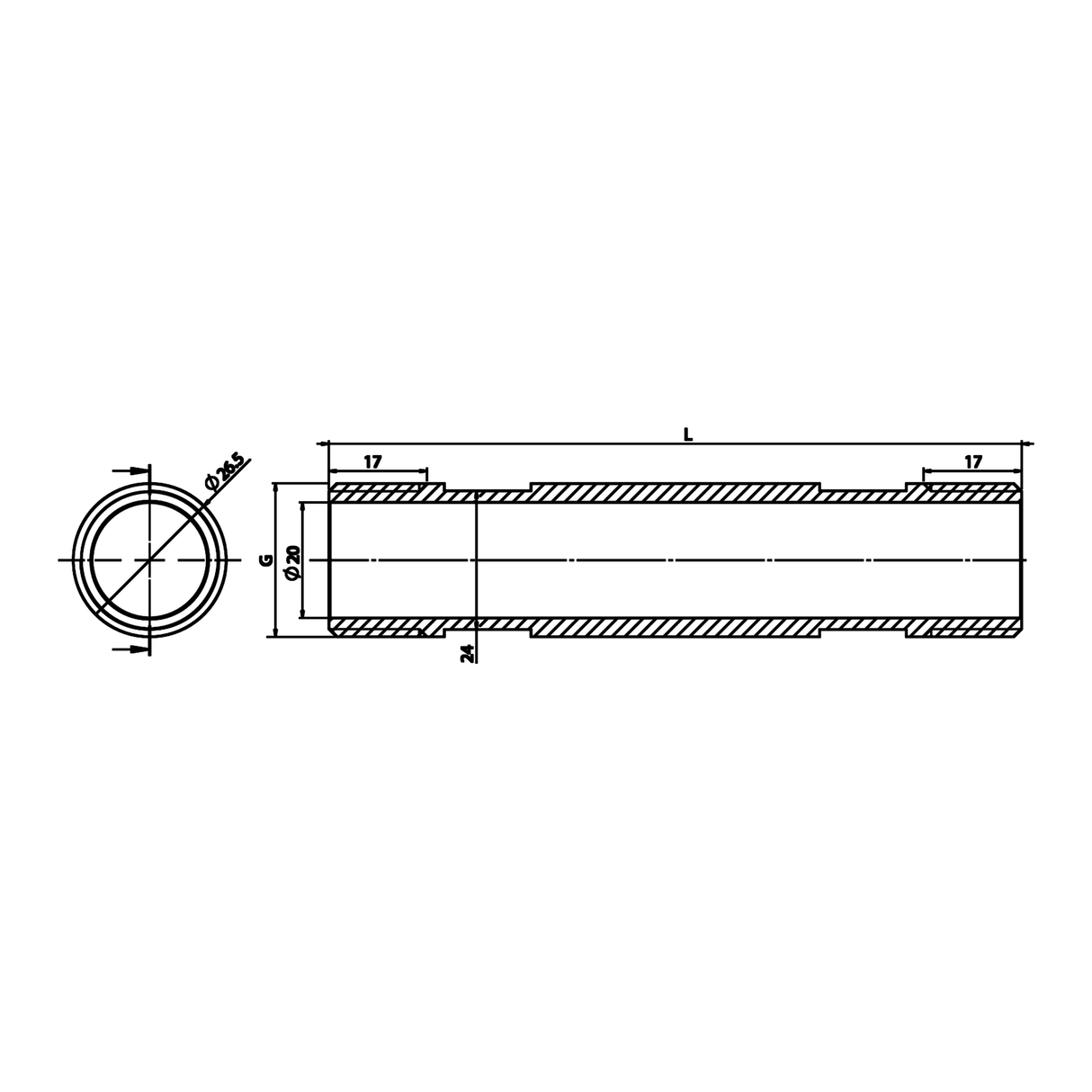 Dimensioned technical drawing: brass M/M stub pipe for water meter (ref. 2311)