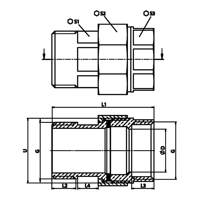 Dimensioned technical drawing: brass union M/F with flat seat, EPDM gasket (ref. 2331)