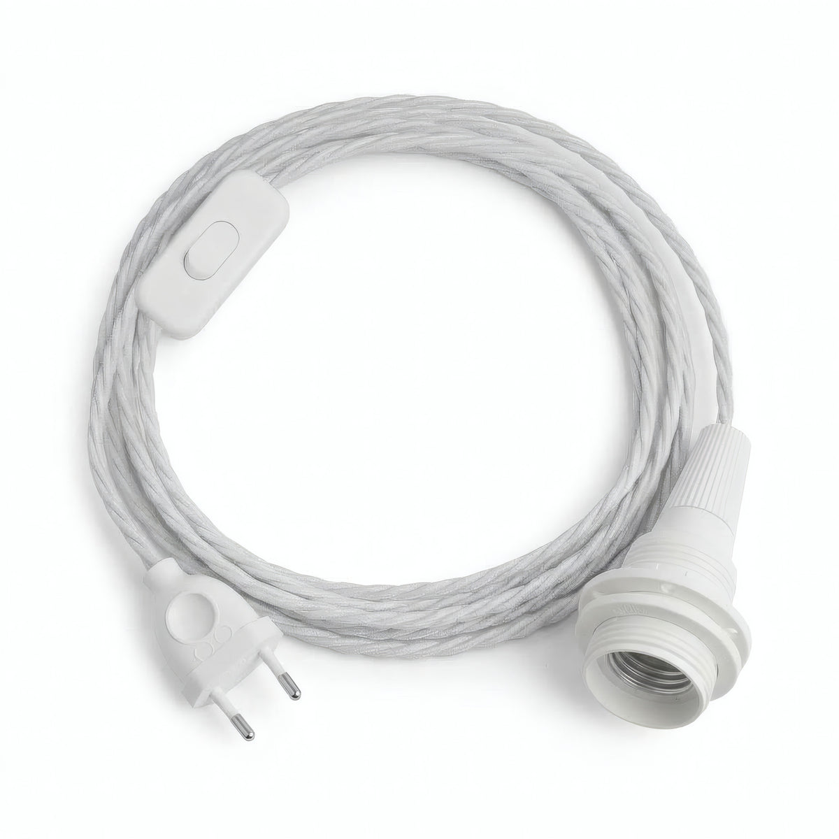 Twisted fabric cable pendant light, optical white cotton, E14 socket with shade rings