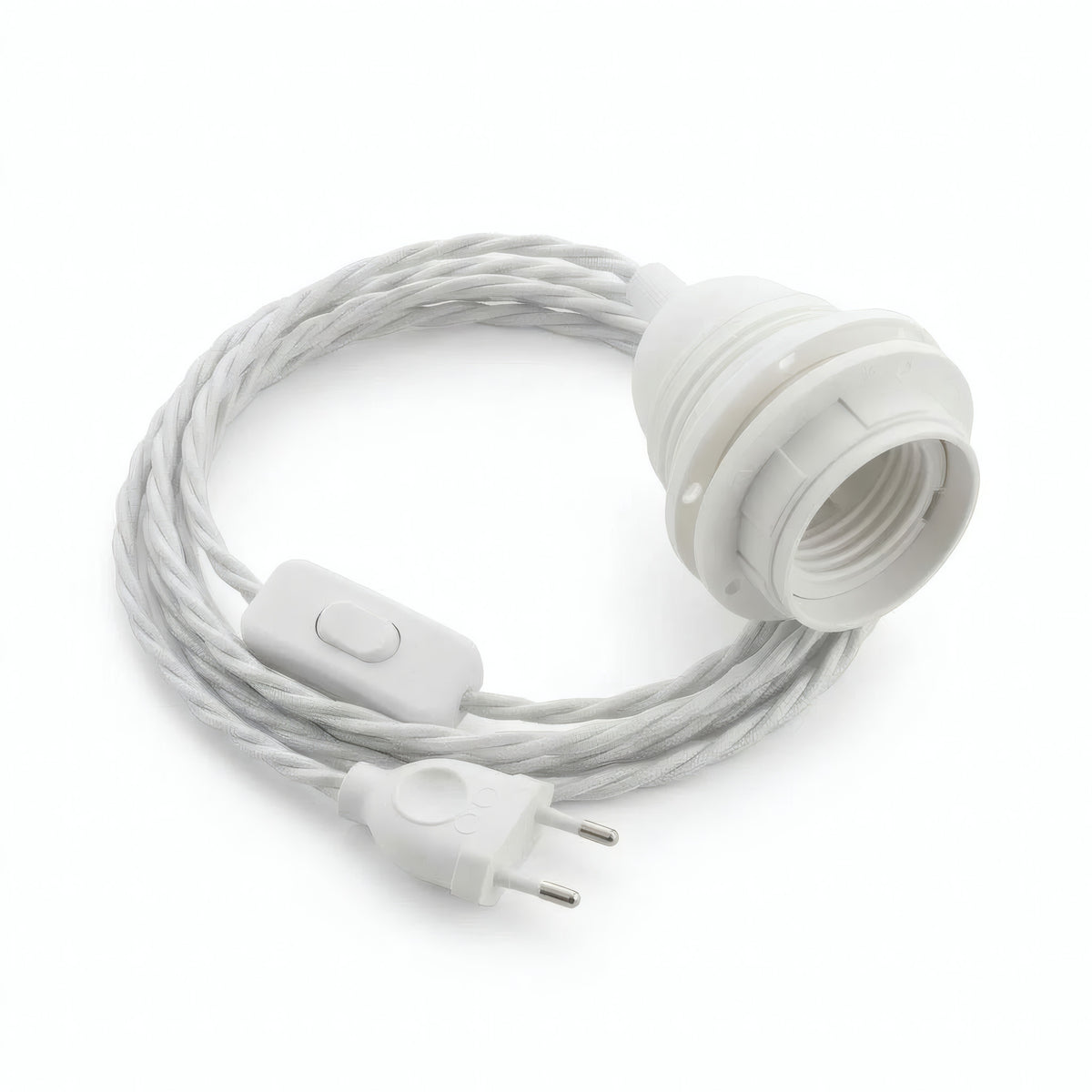 Twisted fabric cable pendant light, optical white cotton, E27 socket with shade rings