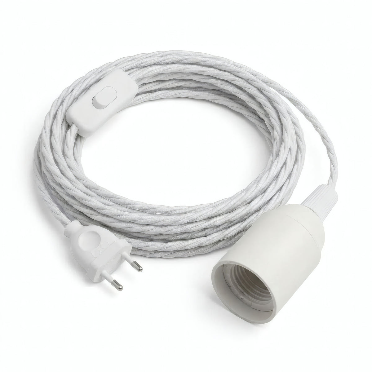 Twisted fabric cable pendant light, optical white cotton, E27 socket