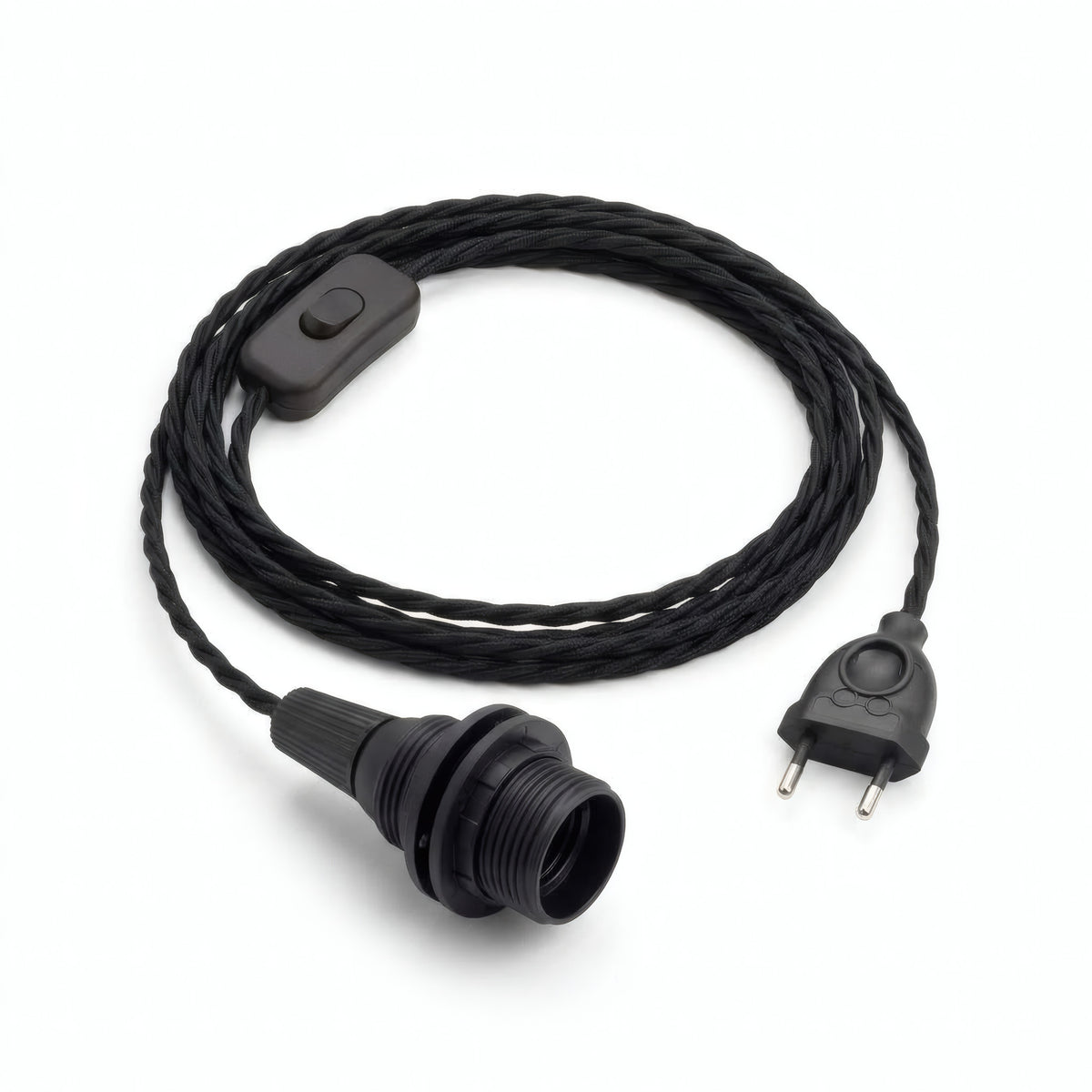 Twisted fabric cable pendant light, charcoal black cotton, E14 socket with shade rings