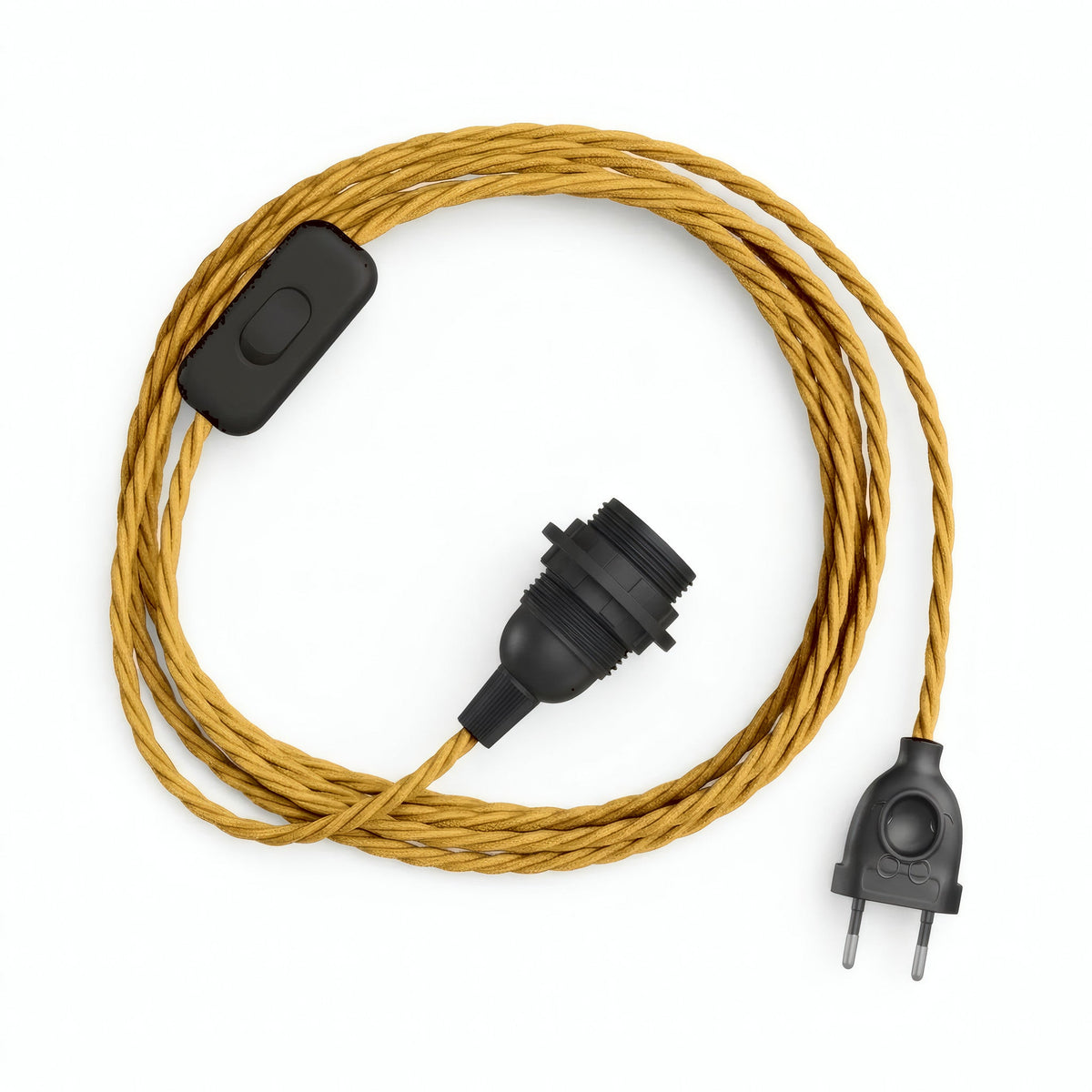 Twisted fabric cable pendant light, mustard yellow silk effect, E14 socket with shade rings