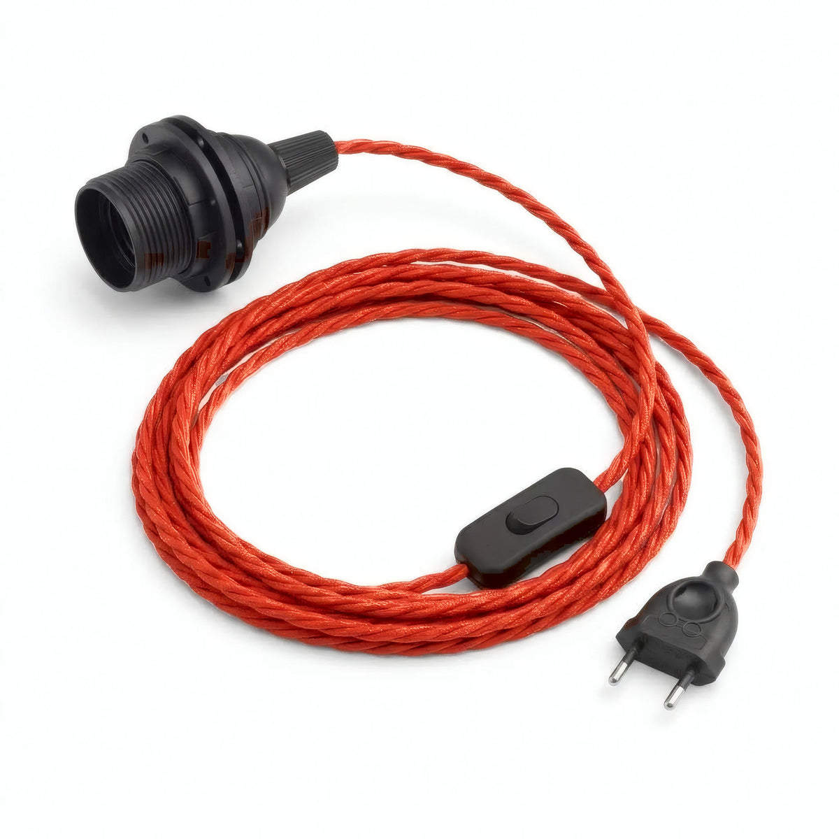 Twisted fabric cable pendant light, fire red silk effect, E27 socket with shade rings
