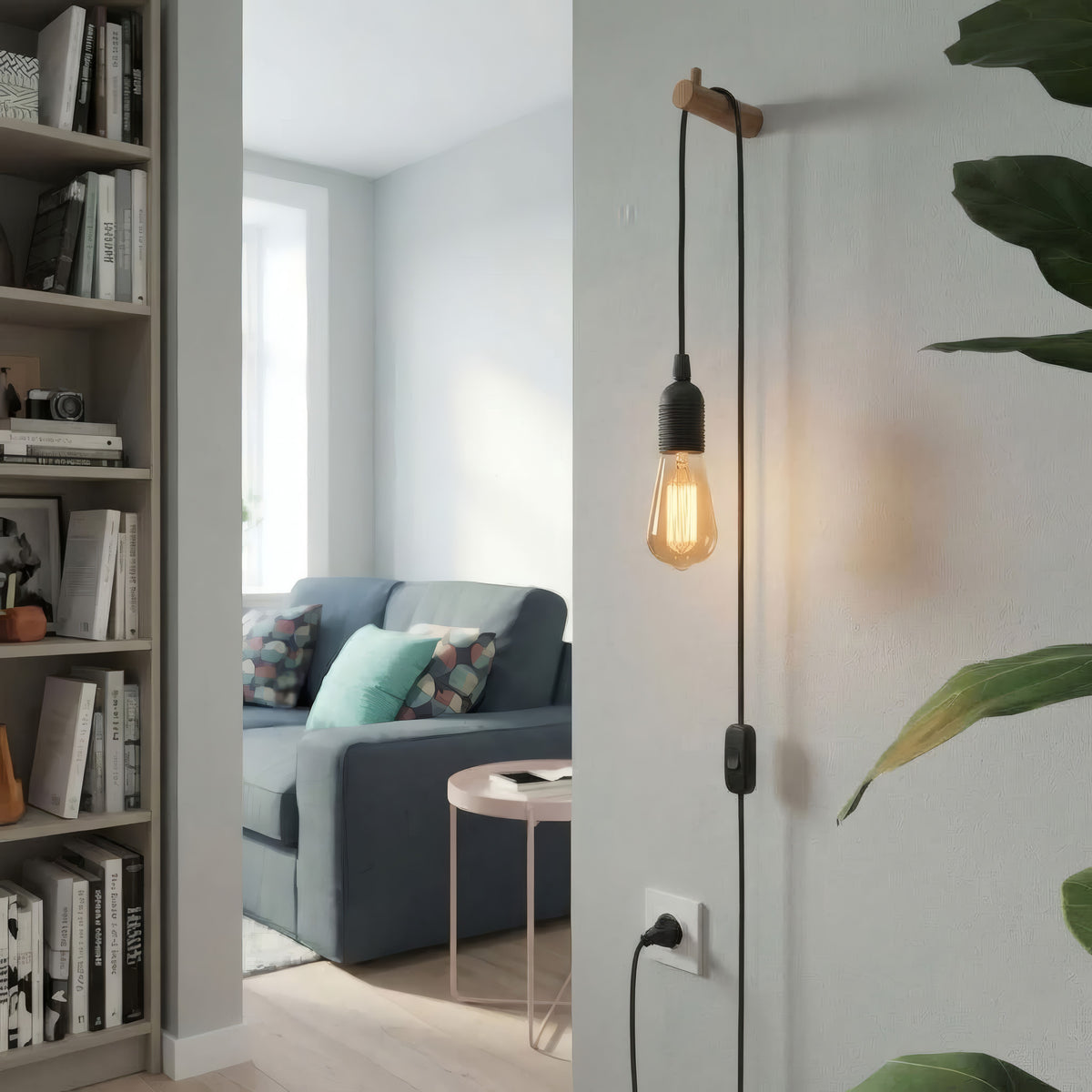 Plain fabric cable pendant light, room setting