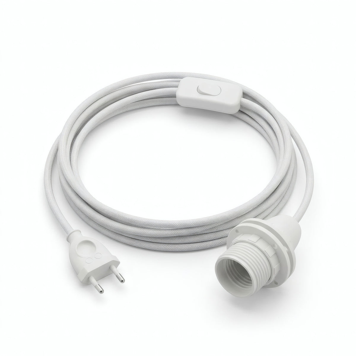Plain fabric cable pendant light, optical white cotton, E14 socket with shade rings