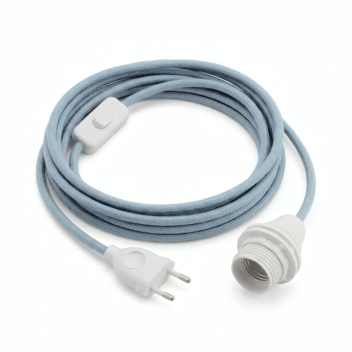 Plain fabric cable pendant light, ocean blue cotton, E14 socket with shade rings