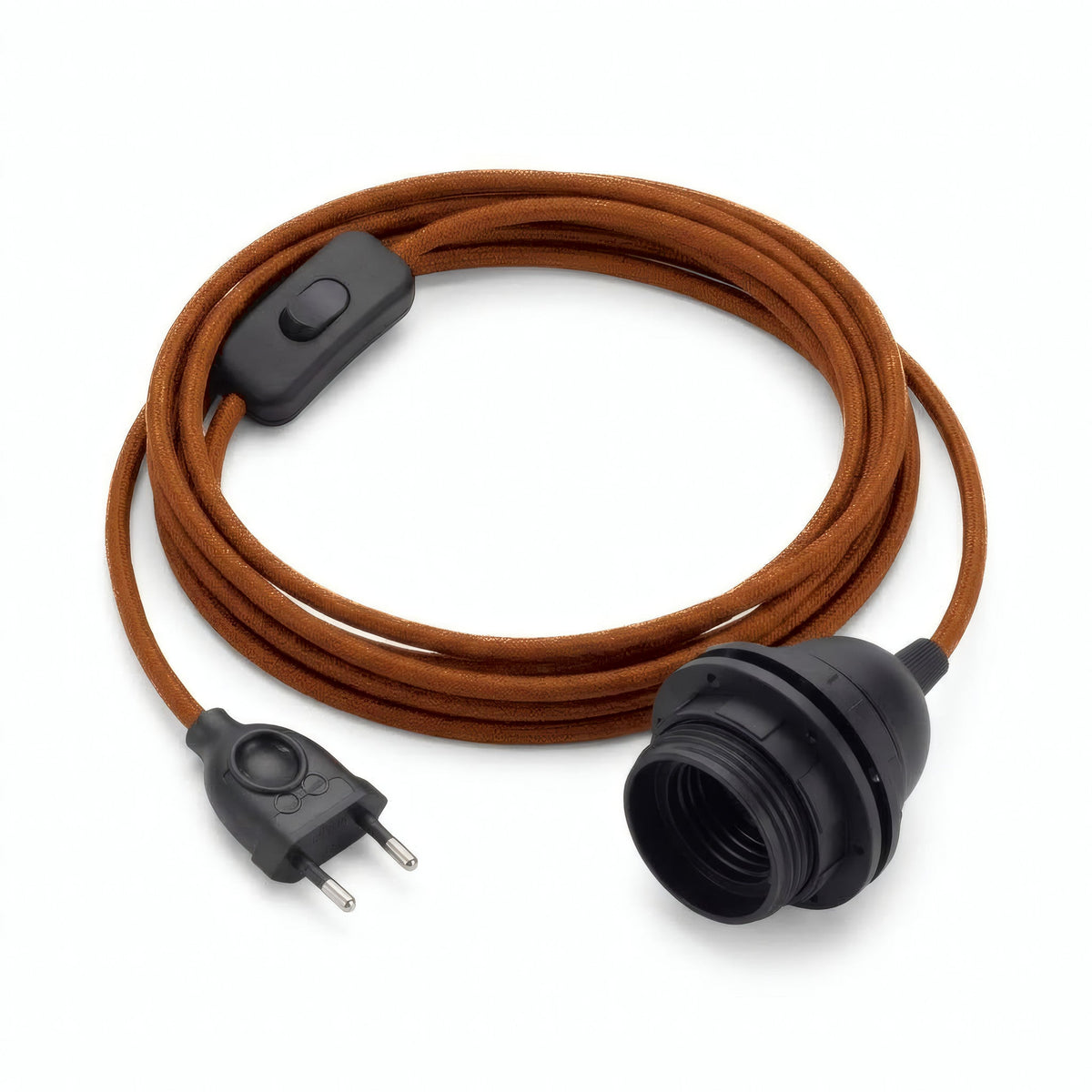 Plain fabric cable pendant light, cinnamon brown cotton, E27 socket with shade rings