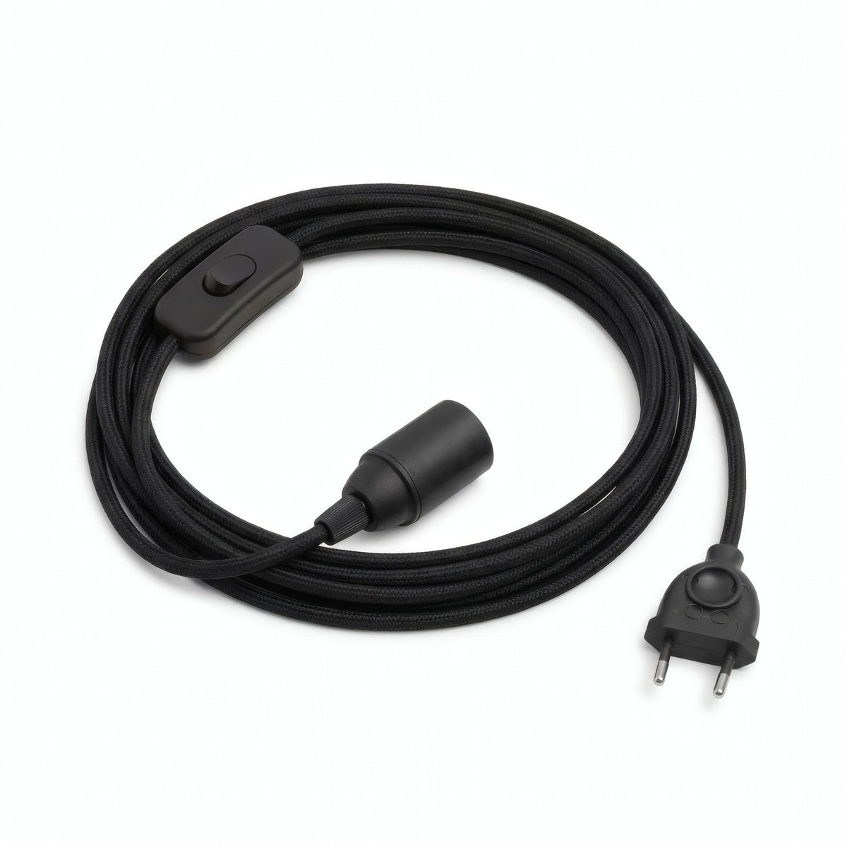Plain fabric cable pendant light, charcoal black cotton, E14 socket