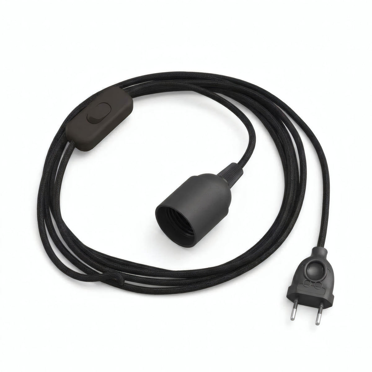 Plain fabric cable pendant light, charcoal black cotton, E27 socket, alternative view