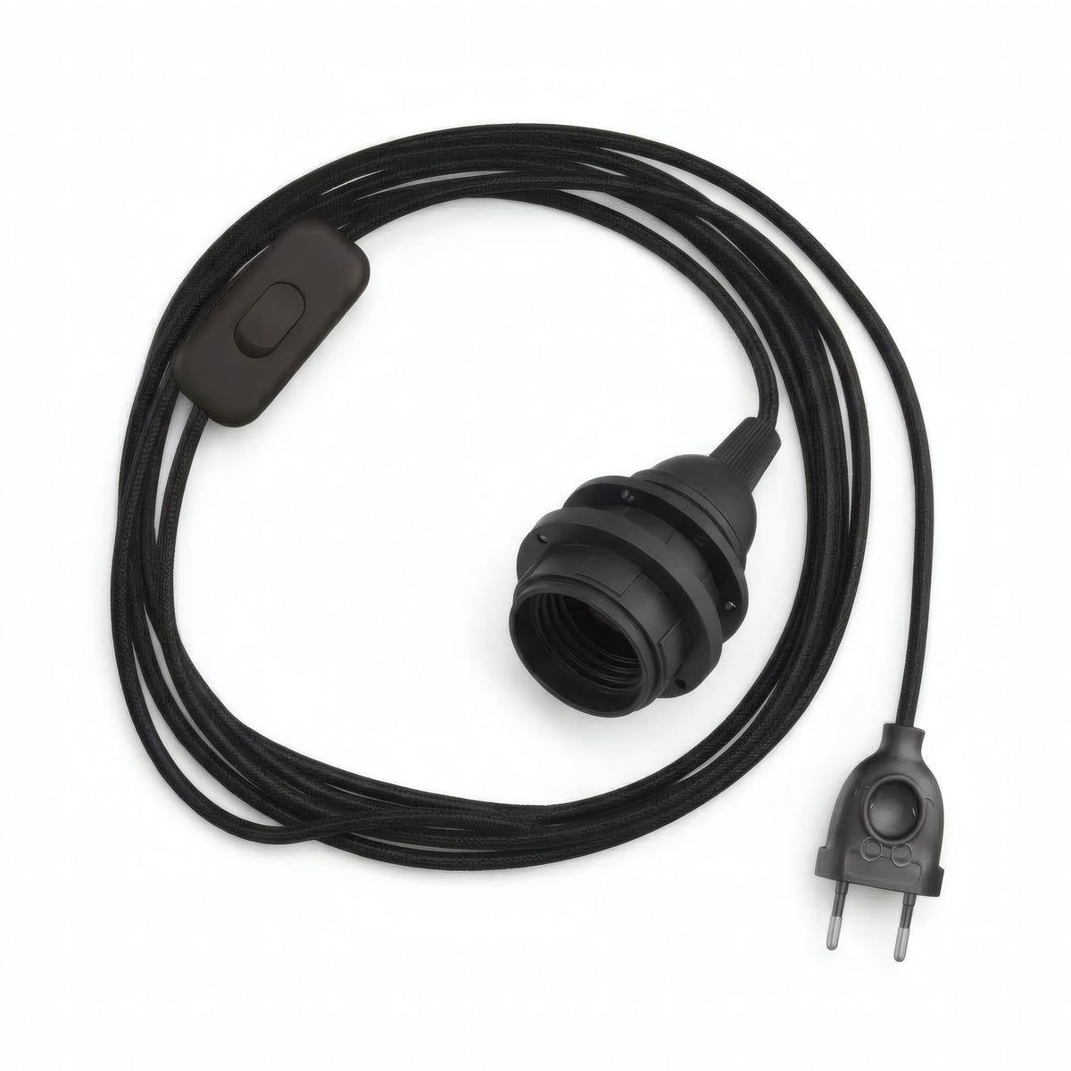 Plain fabric cable pendant light, charcoal black cotton, E27 socket with shade rings