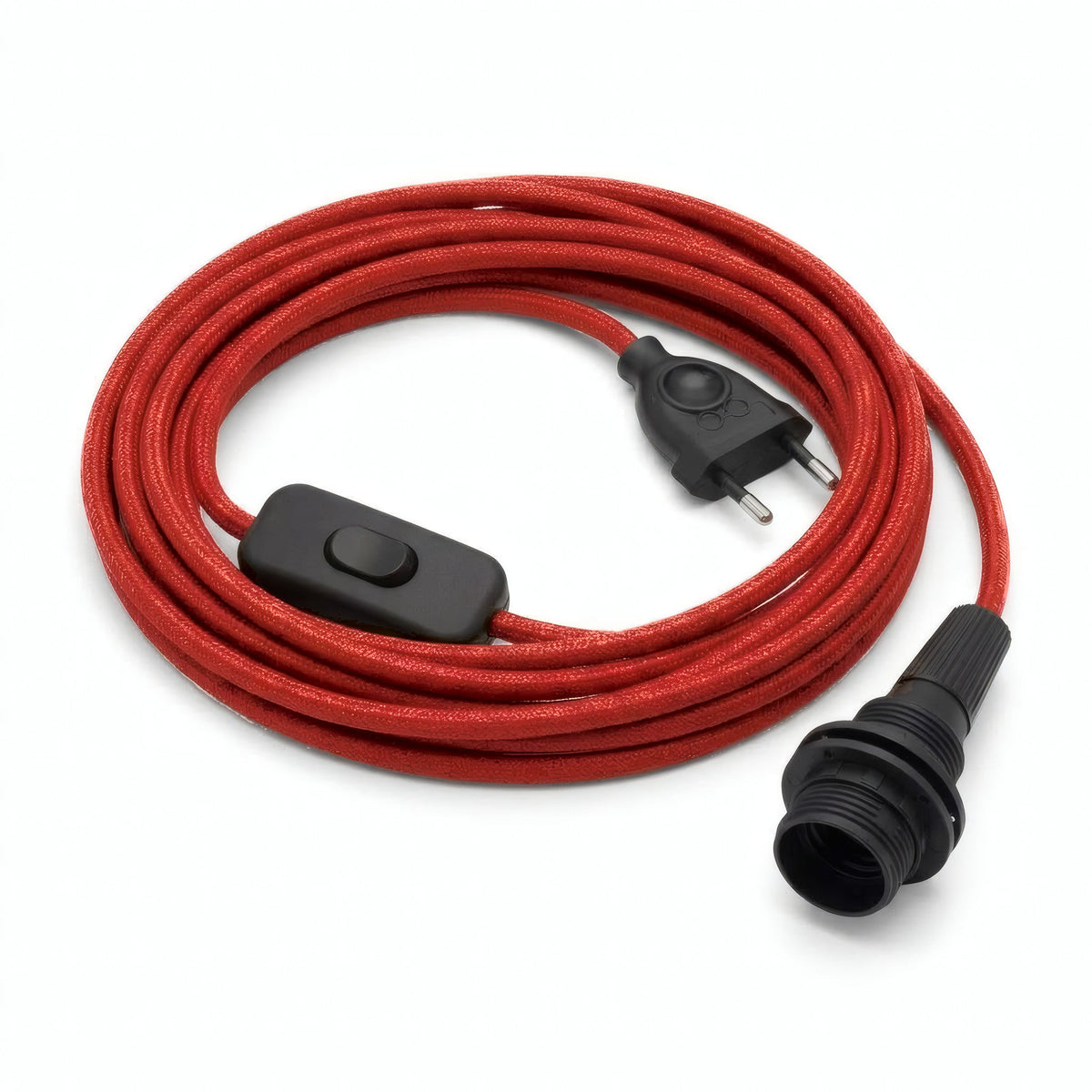 Plain fabric cable pendant light, fire red cotton, E14 socket with shade rings
