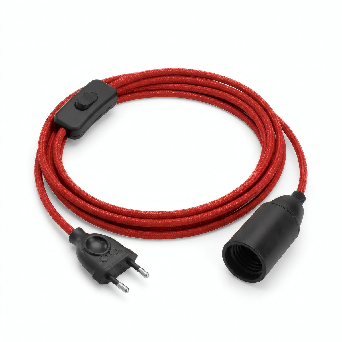 Plain fabric cable pendant light, fire red cotton, E14 socket