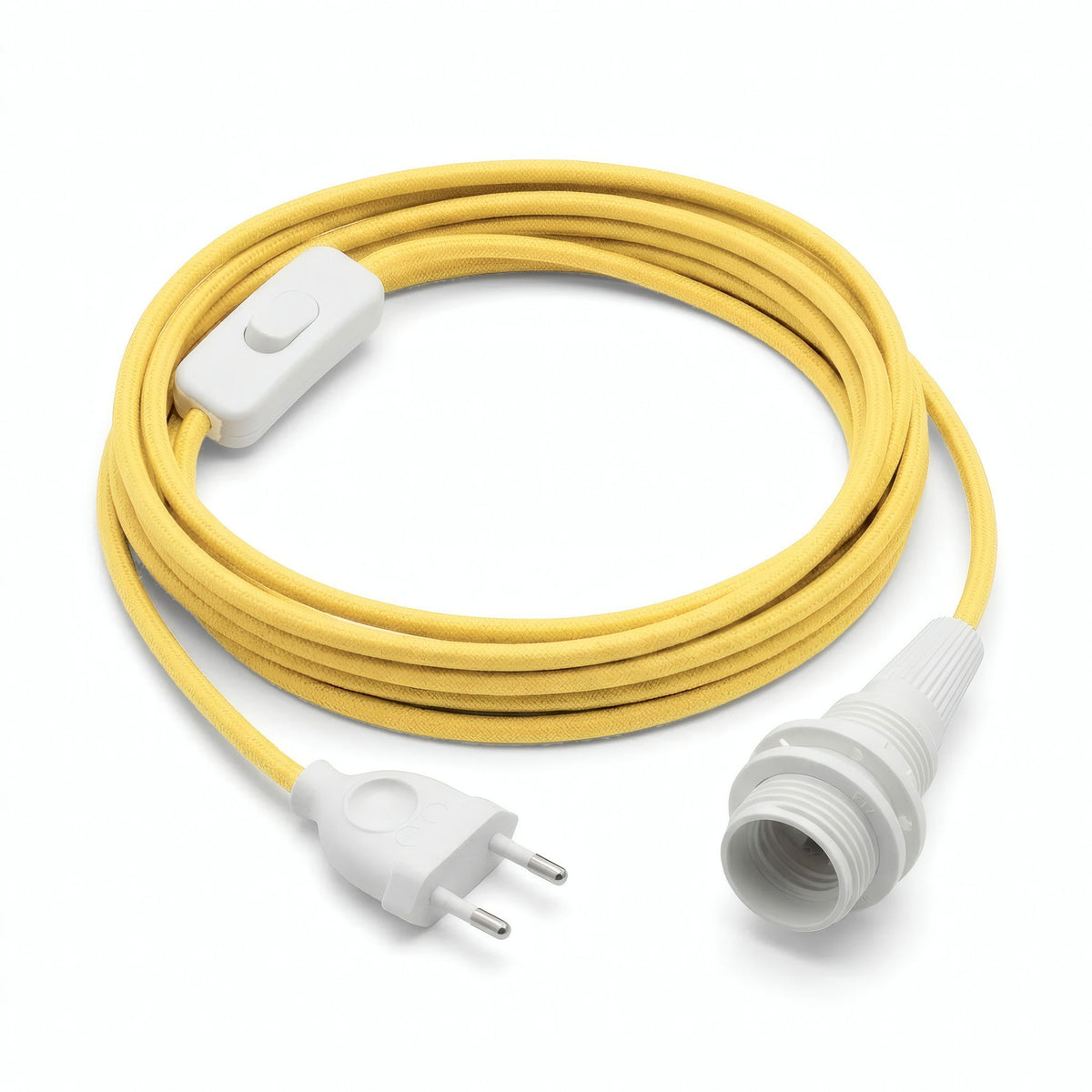 Plain fabric cable pendant light, corn yellow silk effect, E14 socket with shade rings