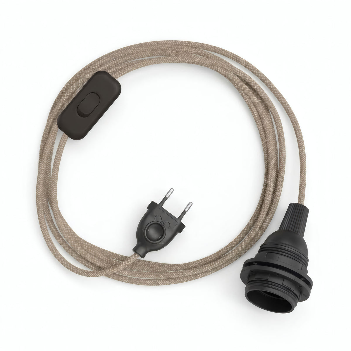 Zigzag fabric cable pendant light, bark and beige cotton-linen, E27 socket with shade rings