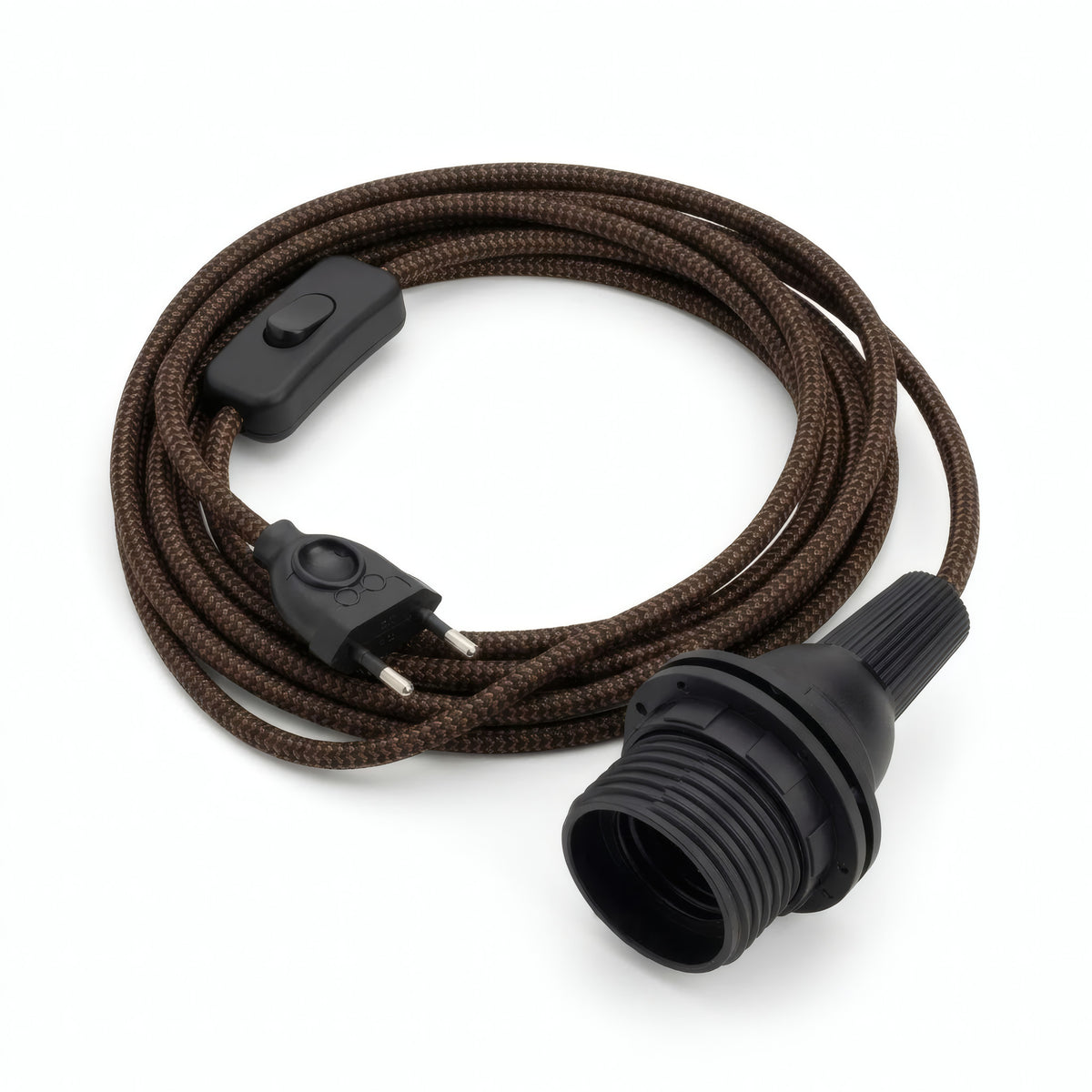 Zigzag fabric cable pendant light, gold and charcoal black silk effect, E27 socket with shade rings