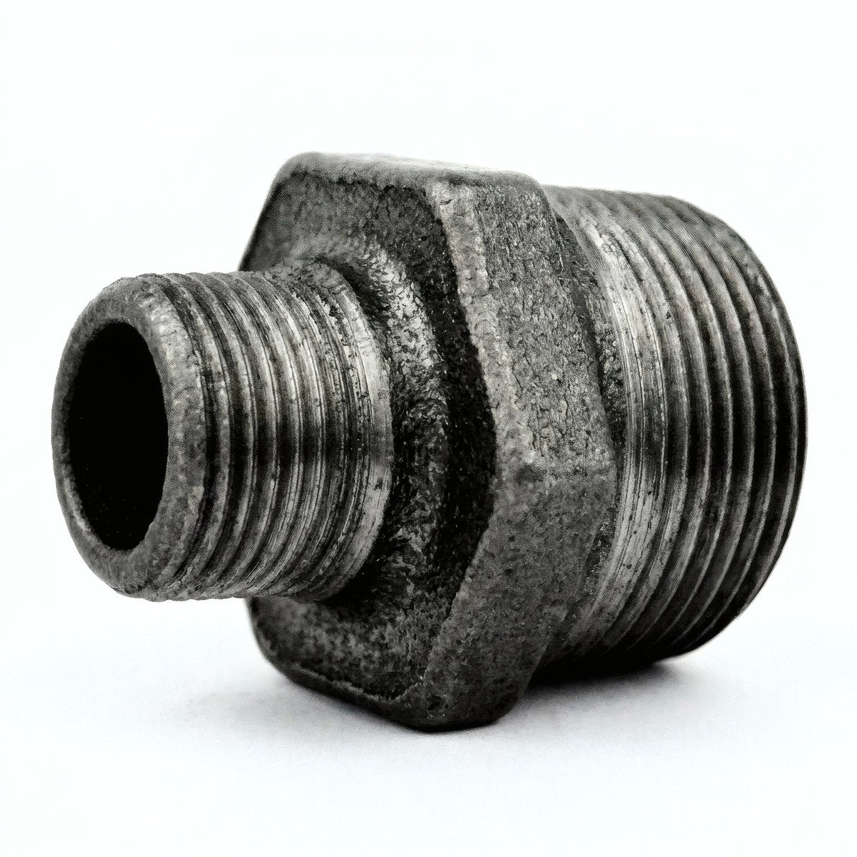 Reducing nipple in black cast iron - product photo on white background 3