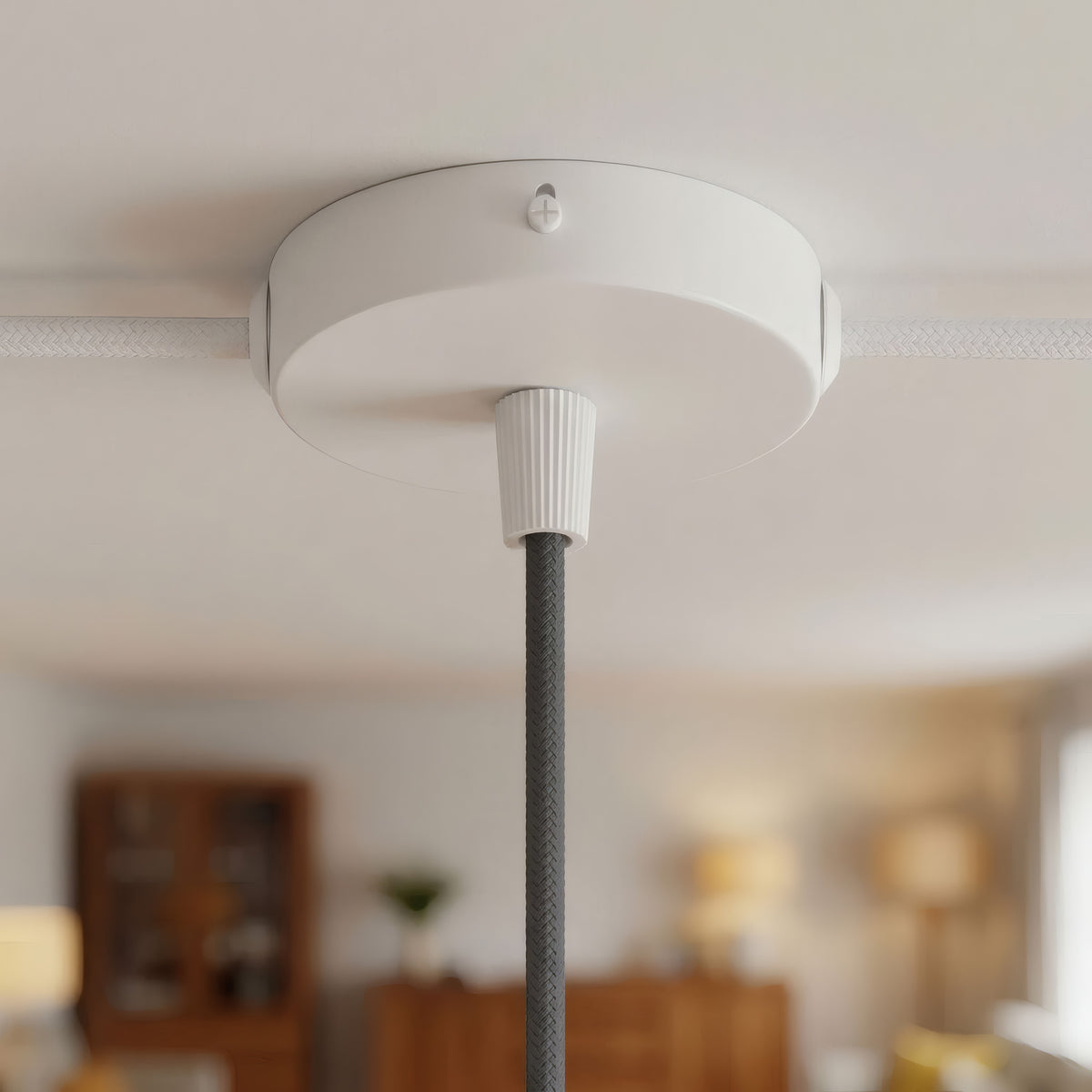 Mini cylindrical metal ceiling rose, Ø 83 mm — 1 central hole and 2 side holes / Conical thermoplastic / Matt white