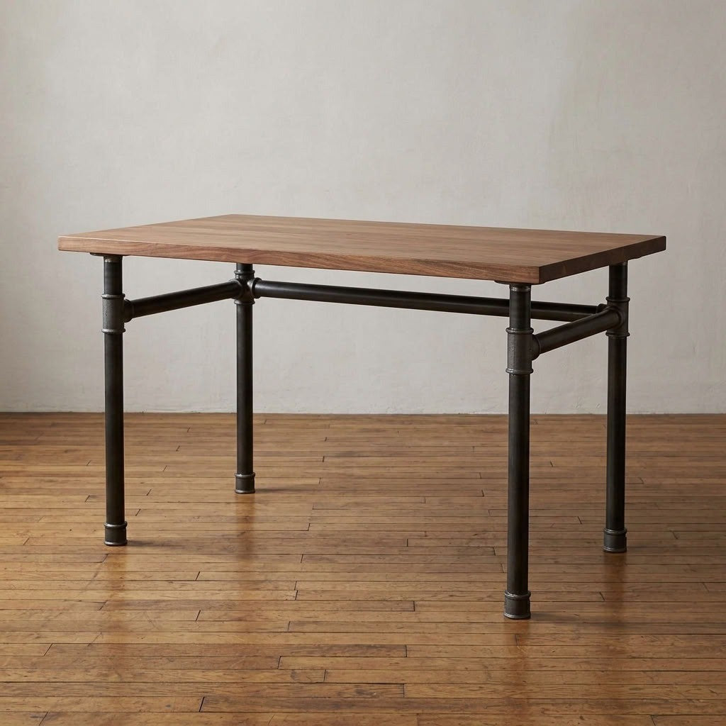 Industrial desk with walnut top on U-frame cast iron and steel base Ø 42 mm, lifestyle scene (top not included)