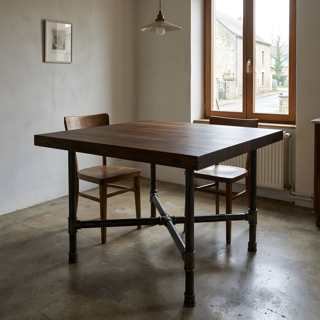 Cross-leg dining table base, cast iron and varnished steel Ø 42 mm, shown in a room under a thick smoked oak tabletop