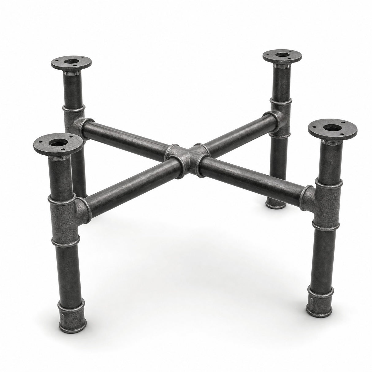 Cross-leg coffee table base, cast iron and varnished steel Ø 34 mm, three-quarter studio view